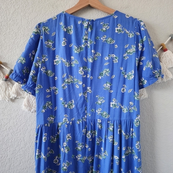 J. Crew Blue Floral Puff Sleeve Tiered Midi Dress Boho Peasant Flowy Beachy L - Picture 11 of 13
